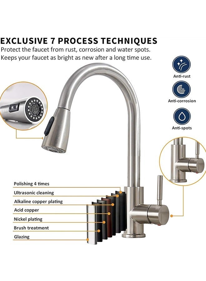 Yoawllty Kitchen Faucet, Water Tap with Hot and Cold 2 Modes, Pull-out 360-degree Rotating Spout Cleaning Faucet(Silver) - Image 4